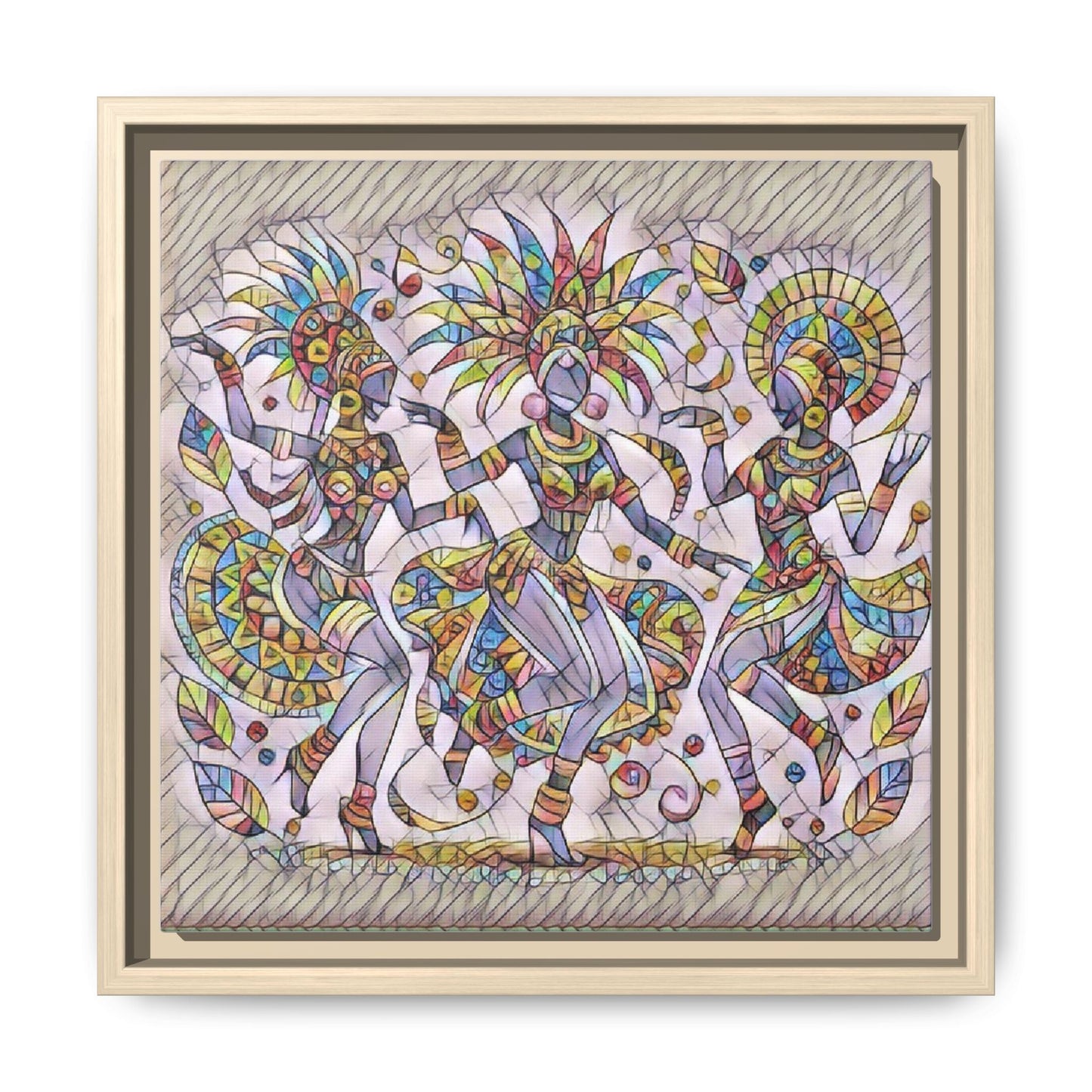 Colorful Carnival Dancers Framed Canvas Art — Multicolor Tribal Celebration Print
