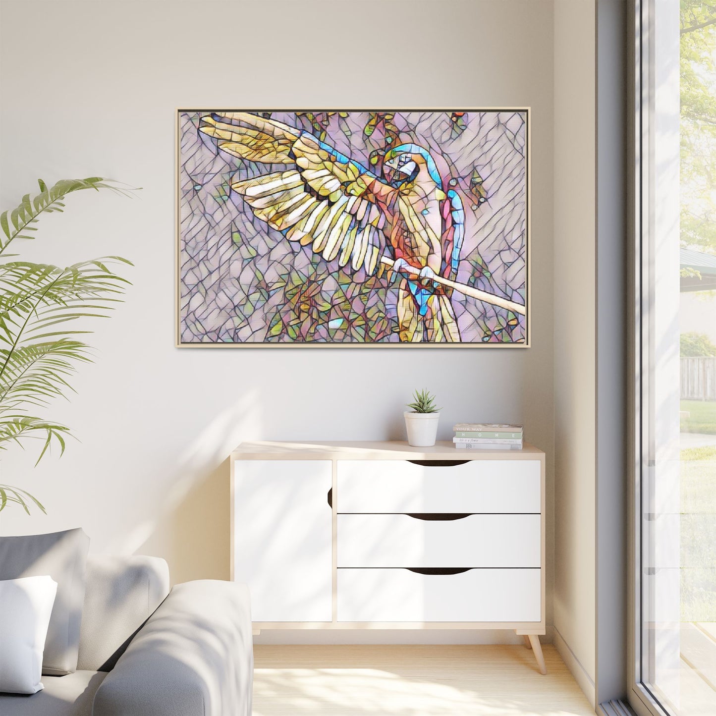 Framed Parrot Stained-Glass Art Print — Matte Canvas Wall Decor
