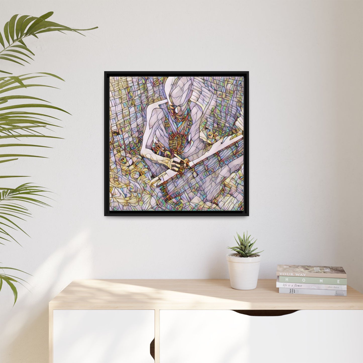 Abstract Fantasy Warrior Matte Framed Canvas — Colorful Stained-Glass Style Art
