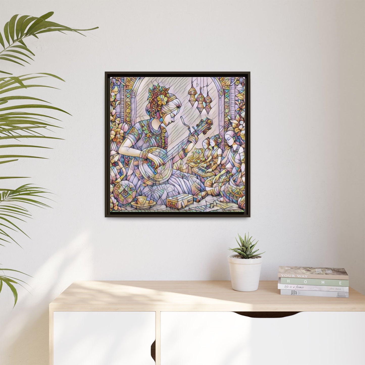 Framed Matte Canvas: Bohemian Woman Playing Lute — Stained-Glass Style Wall Art