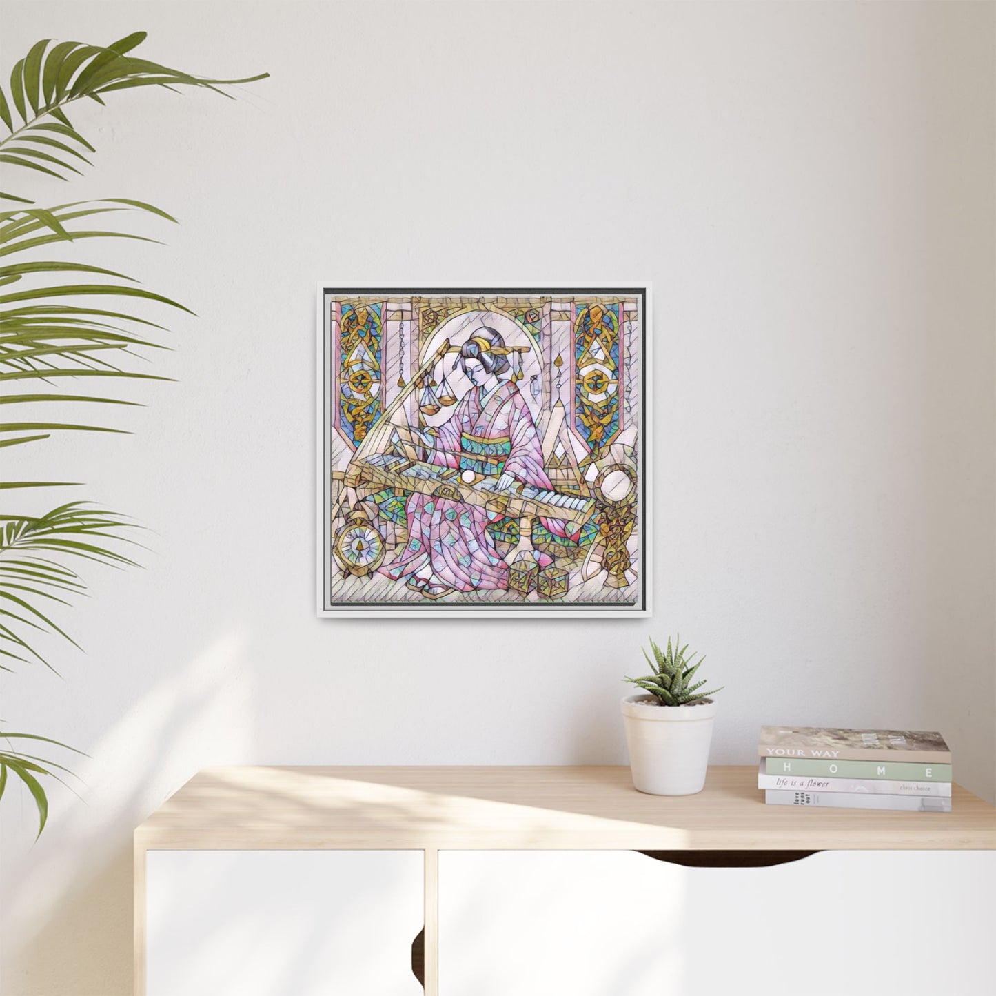 Framed Matte Canvas — Geisha Harp Stained-Glass Art Print