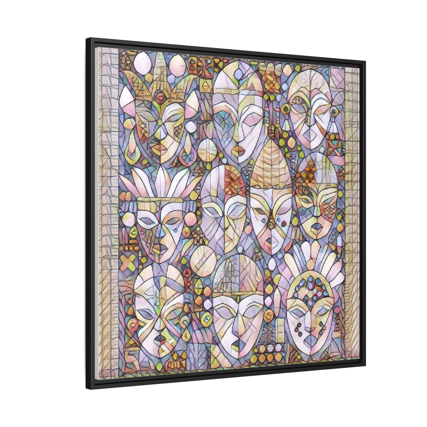 Framed Abstract Mask Art Canvas — Multicolor Stained-Glass Faces Wall Decor