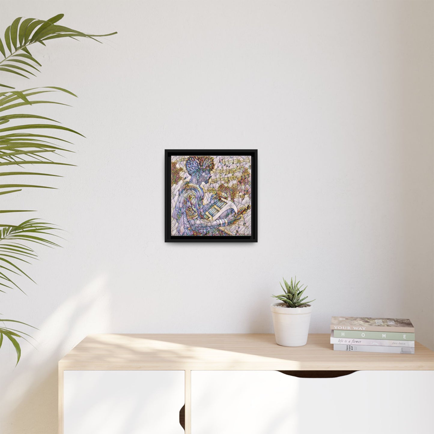 Abstract Jazz Musician Framed Canvas Art — Colorful Stained-Glass Style Wall Decor