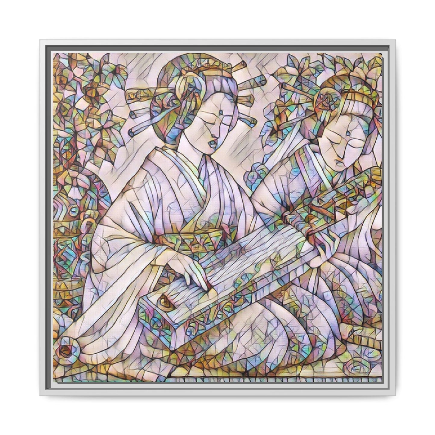 Framed Matte Canvas Print — Stained-Glass Geisha Duo