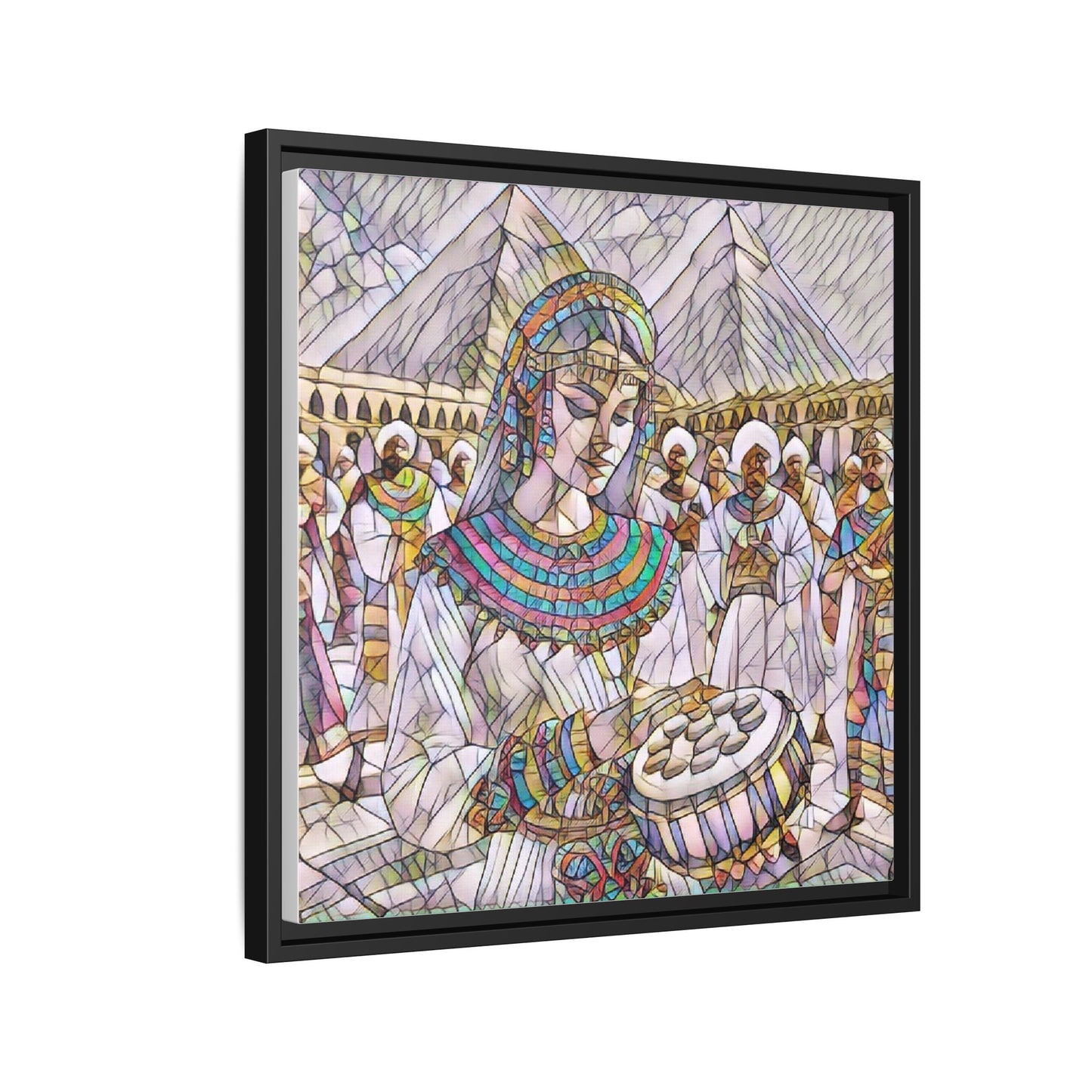 Egyptian Drum Player Framed Canvas Art — Colorful Ancient Scene Wall Decor