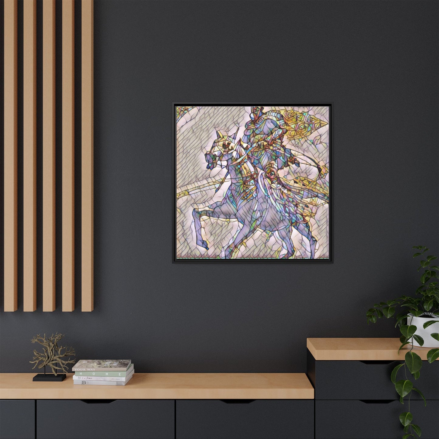 Framed Matte Canvas Art — Stained Glass Knight on Horse Fantasy Wall Decor
