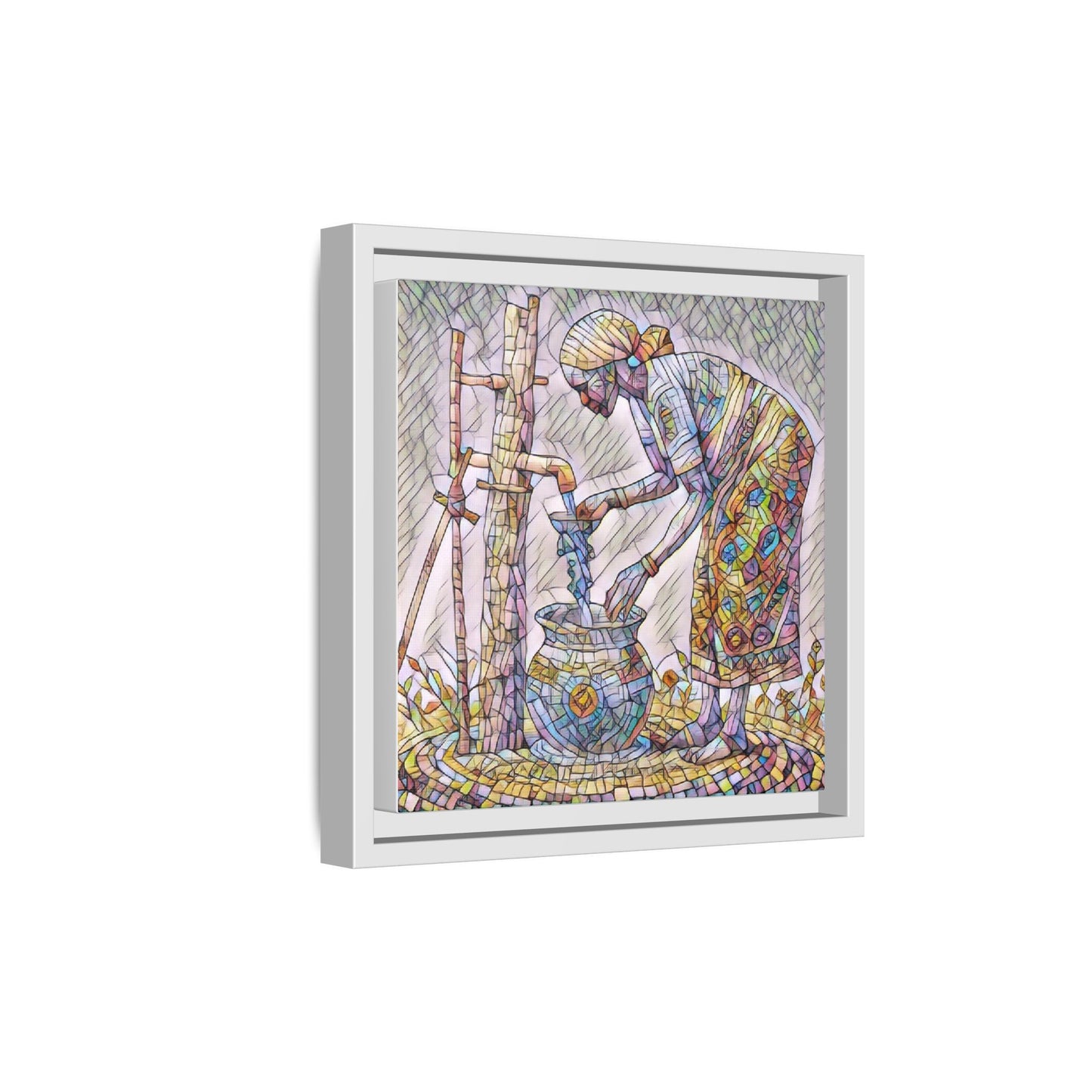 Framed Matte Canvas Art — Colorful Mosaic Woman at Well