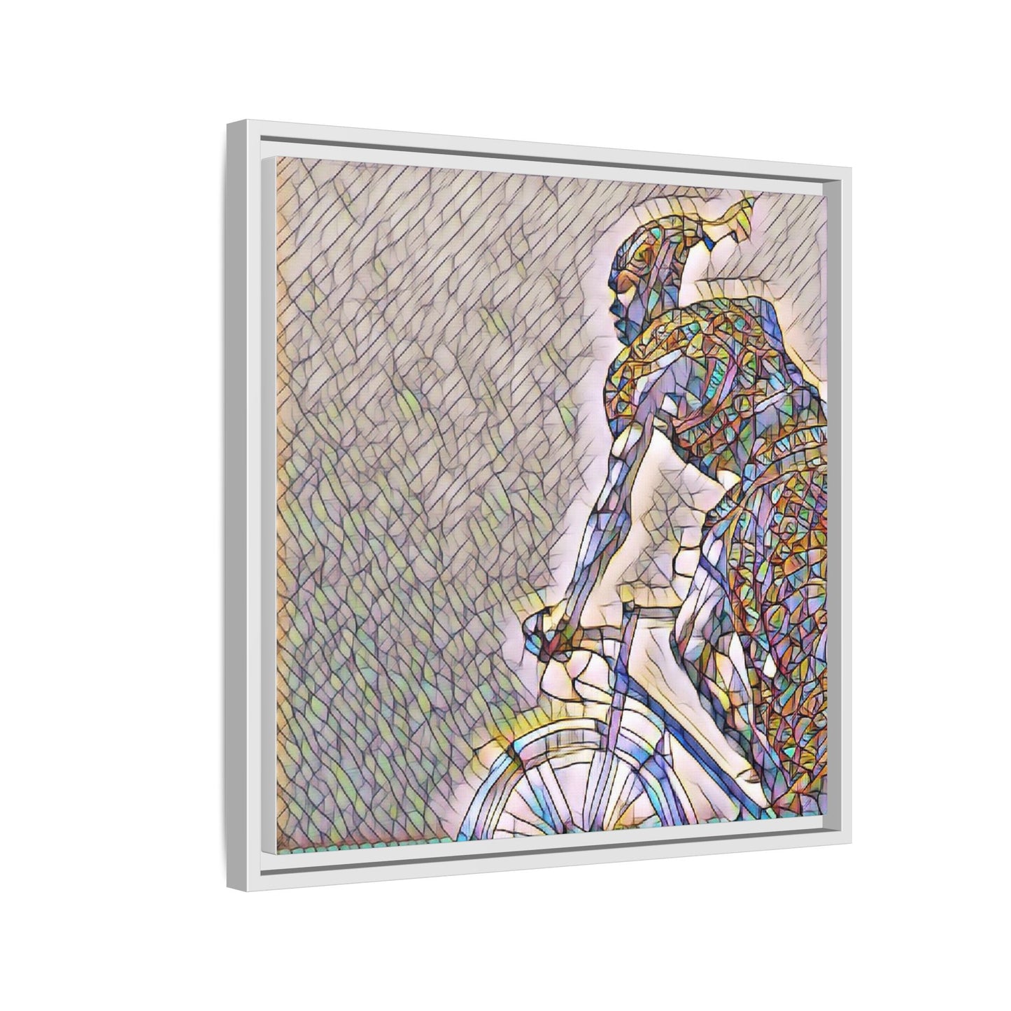 Cyclist Mosaic Matte Canvas Print — Framed Multicolor Bike Art