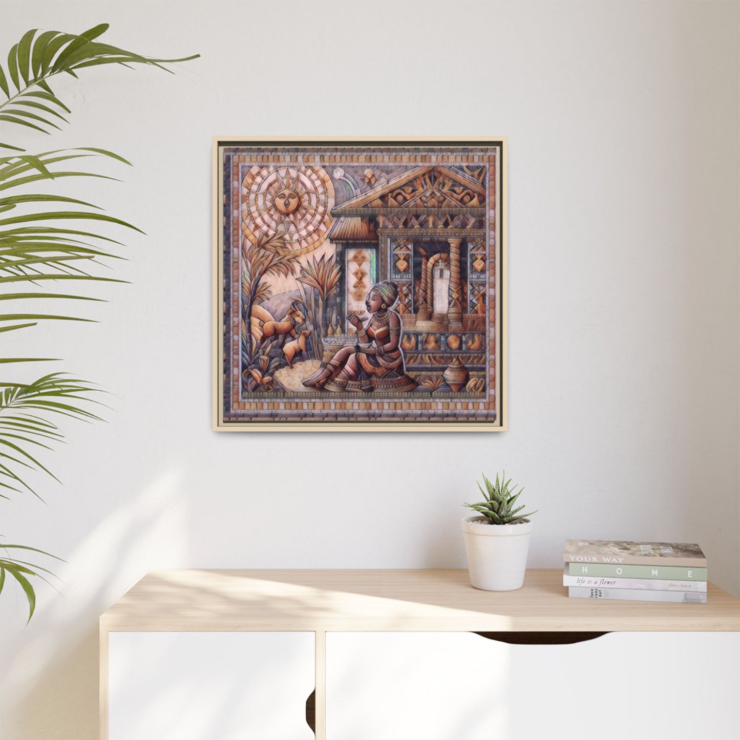 Egyptian Goddess Mosaic Framed Canvas Art — Colorful Ancient Ritual Wall Decor
