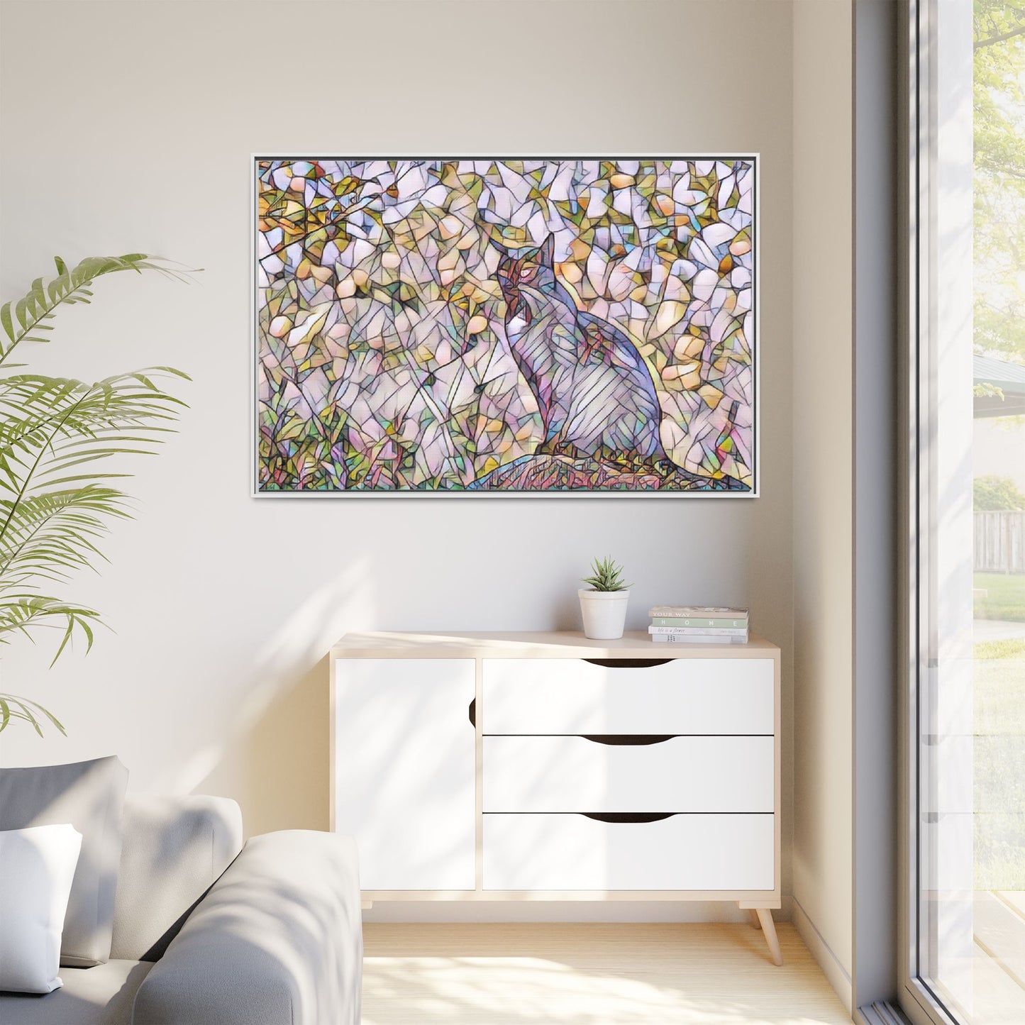 Framed Canvas Art - Stained Glass Heron Nature Print