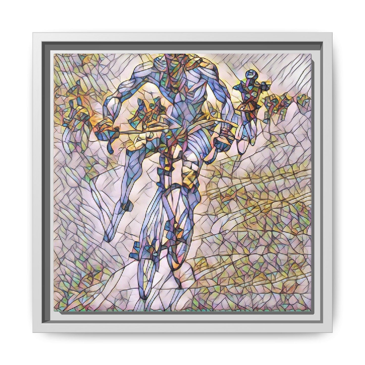 Abstract Cyclist Matte Canvas Framed Art — Colorful Stained-Glass Bike Print