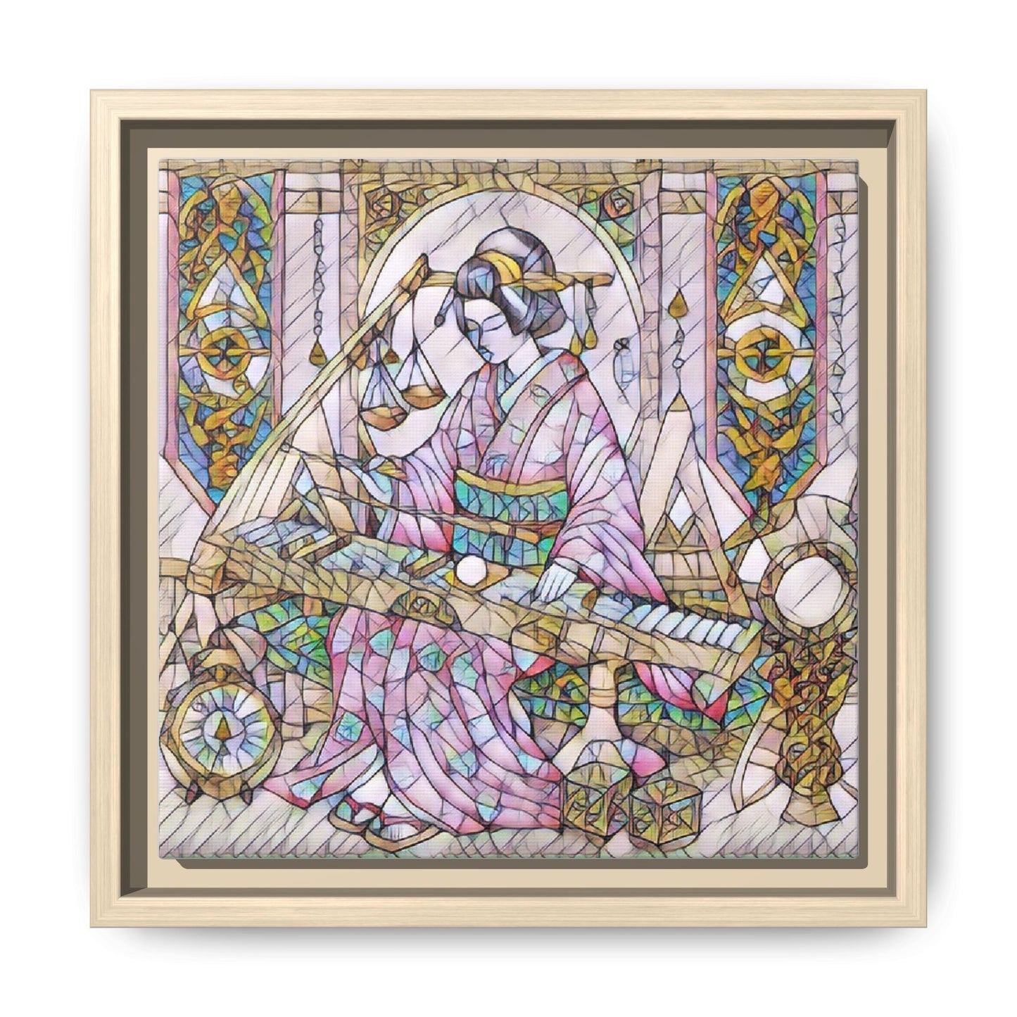 Framed Matte Canvas — Geisha Harp Stained-Glass Art Print