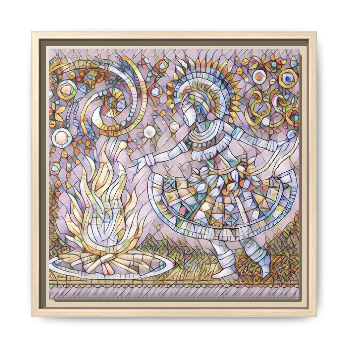 Bohemian Fire Dancer Framed Canvas Art — Colorful Folk Mosaic Wall Decor