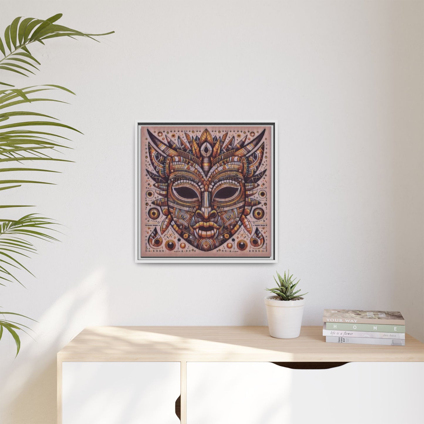 Tribal Mask Framed Canvas Art — Multicolor Matte Wall Decor