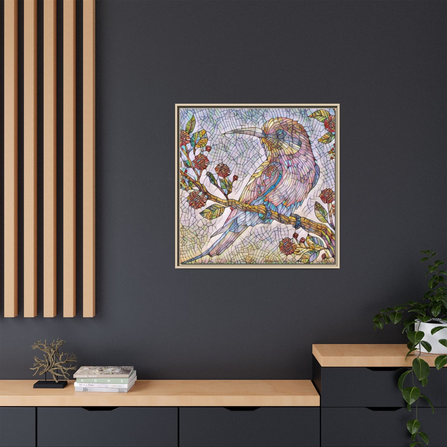 Framed Mosaic Bird Art Print — Colorful Kookaburra Wall Canvas