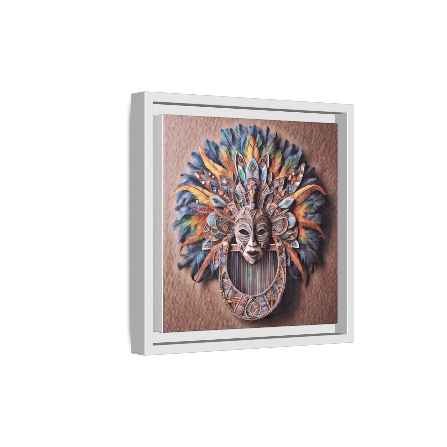 Tribal Feather Mask Framed Canvas Wall Art — Colorful Boho Decorative Print