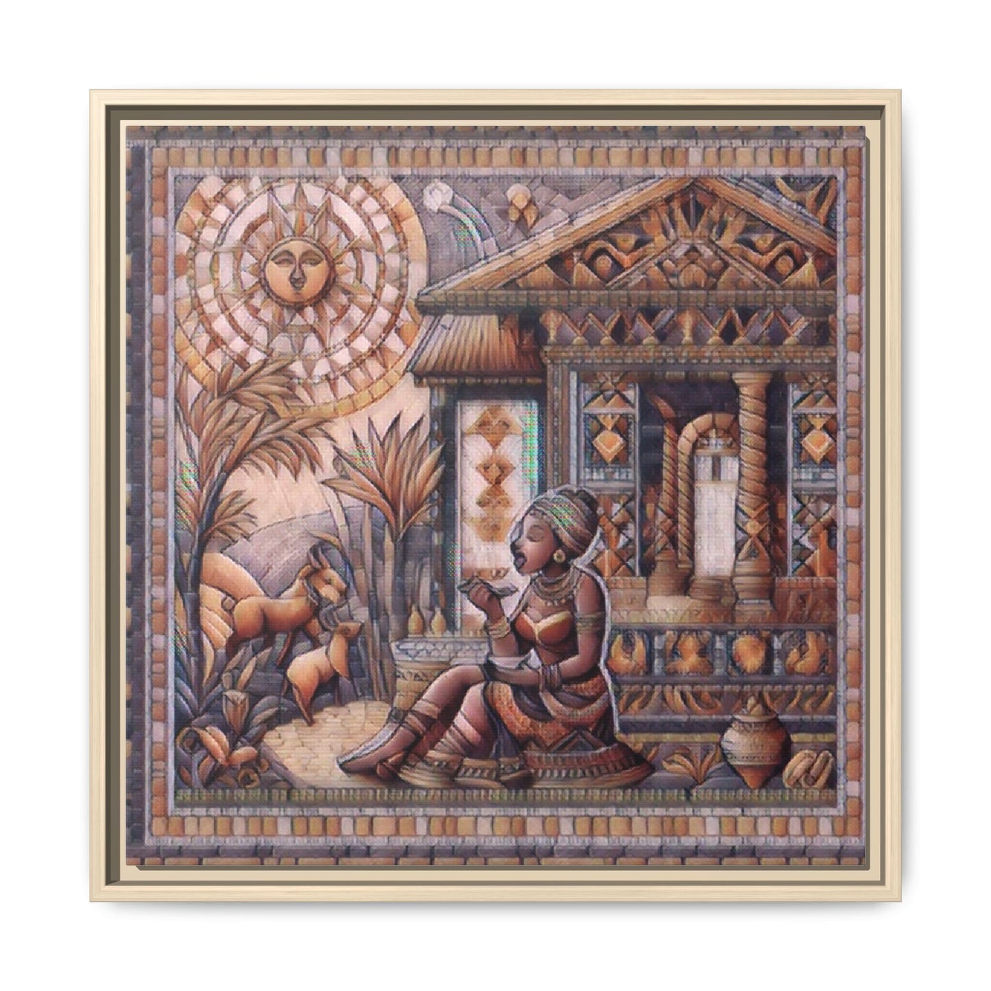 Egyptian Goddess Mosaic Framed Canvas Art — Colorful Ancient Ritual Wall Decor