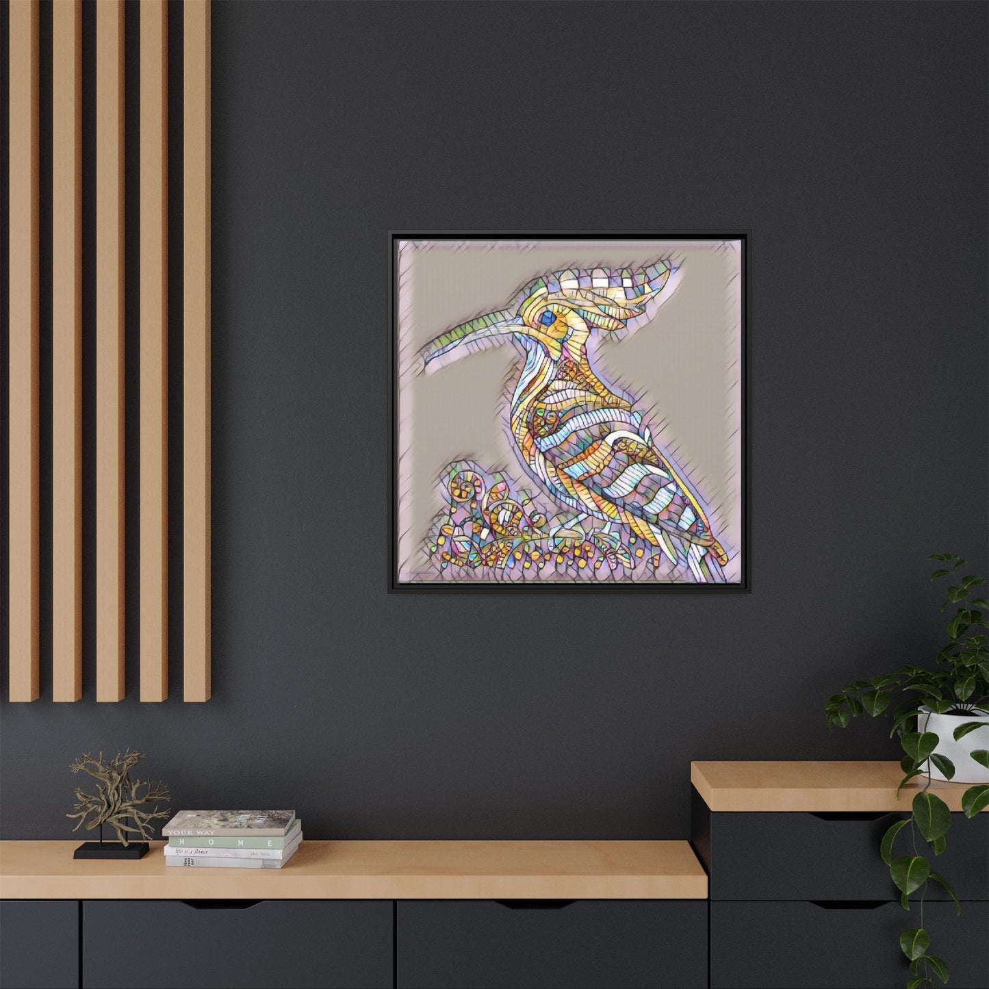 Colorful Mosaic Bird Framed Canvas Art — Whimsical Hoopoe Wall Decor