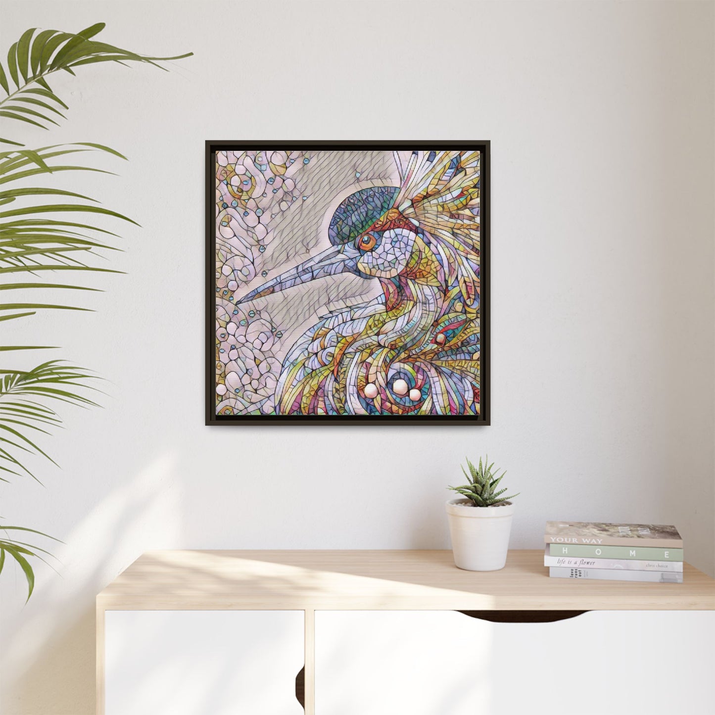 Colorful Stained-Glass Heron Matte Canvas Framed Wall Art
