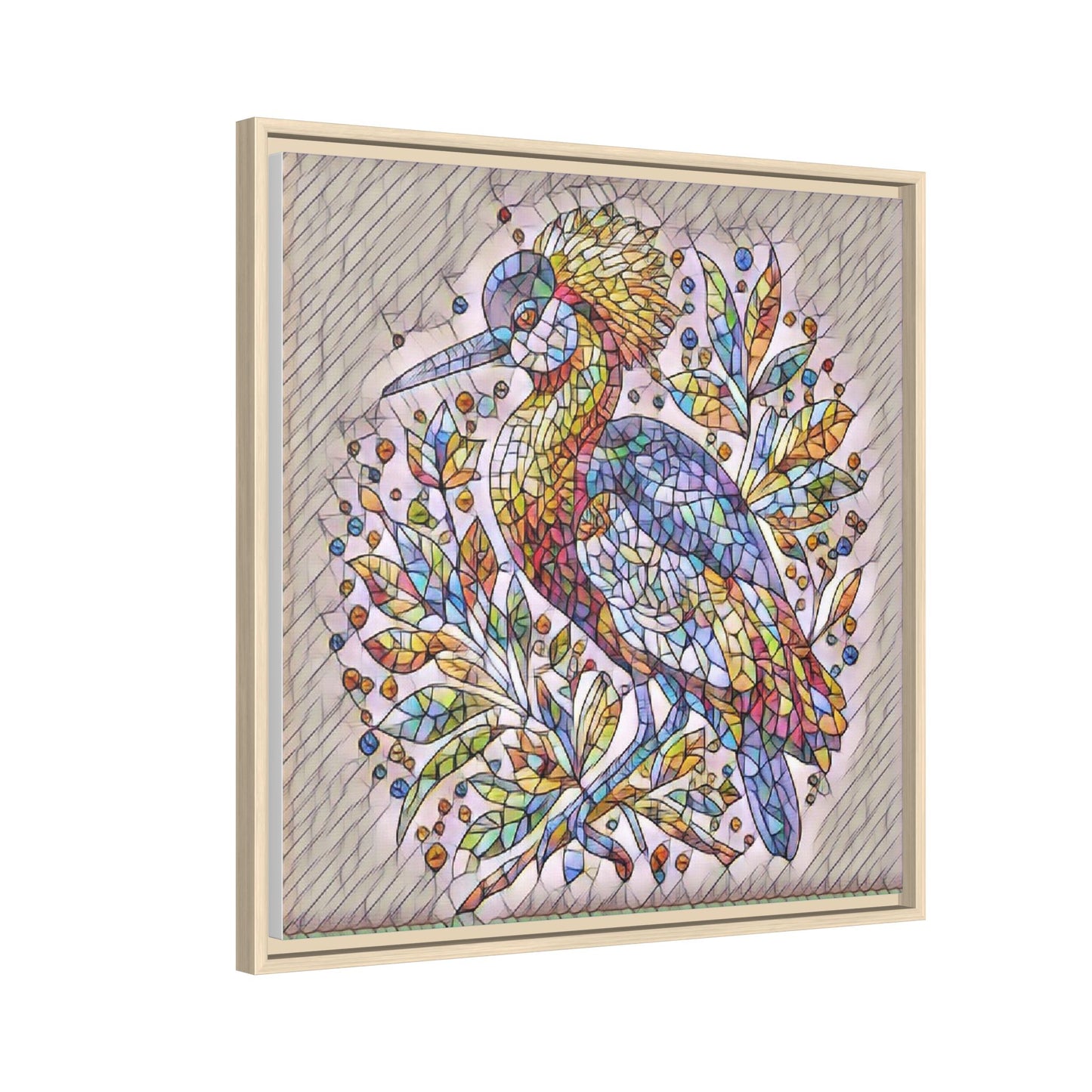 Colorful Stained-Glass Heron — Framed Matte Canvas Wall Art