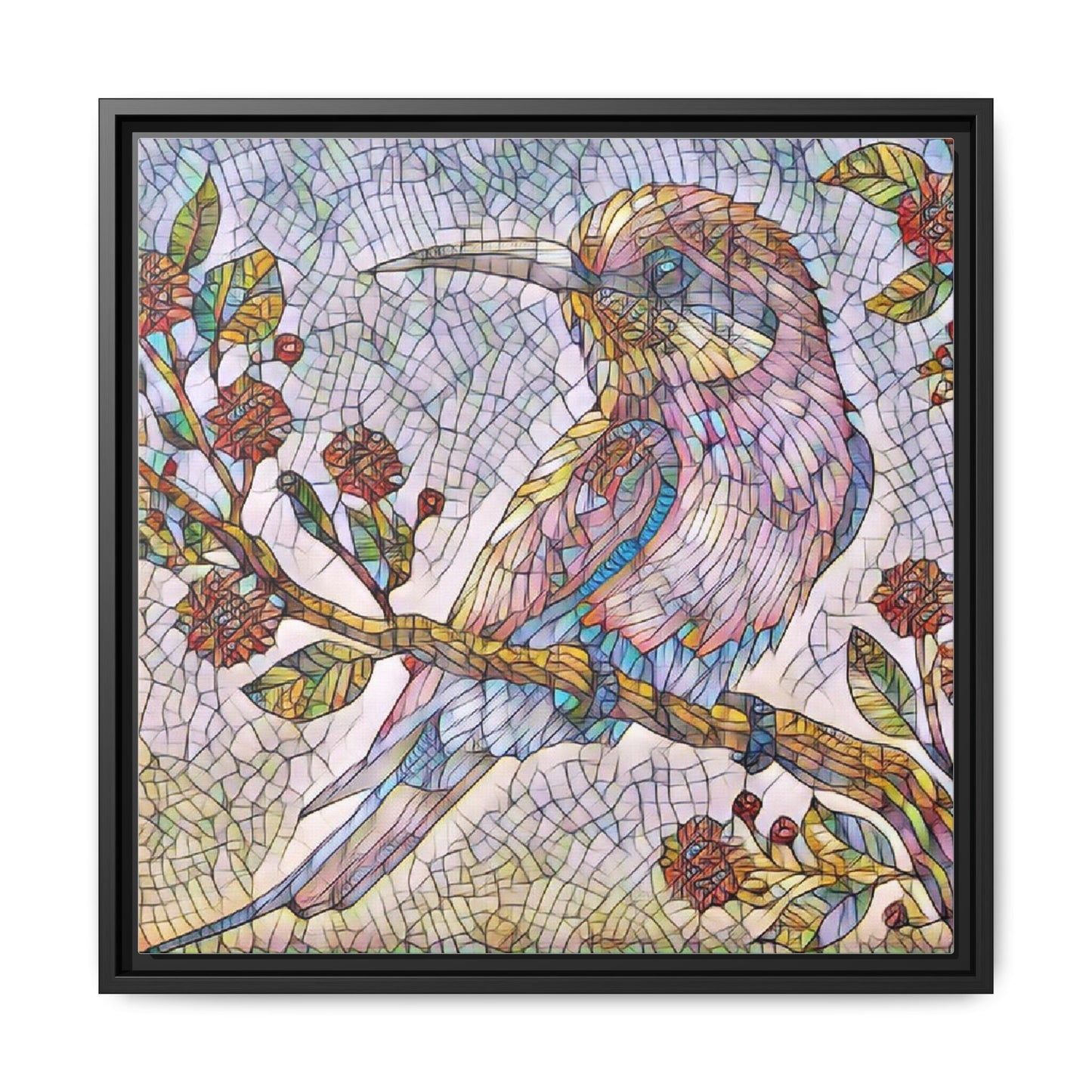 Framed Mosaic Bird Art Print — Colorful Kookaburra Wall Canvas