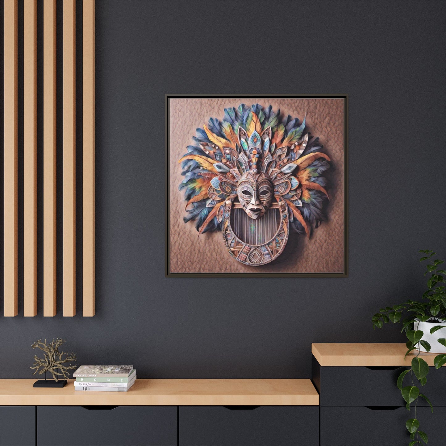 Tribal Feather Mask Framed Canvas Wall Art — Colorful Boho Decorative Print
