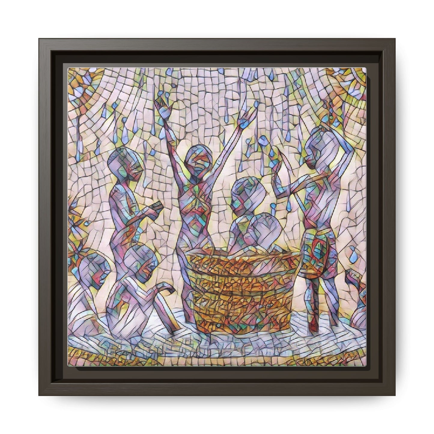 Framed Matte Canvas Art — Children Playing Mosaic Illustration