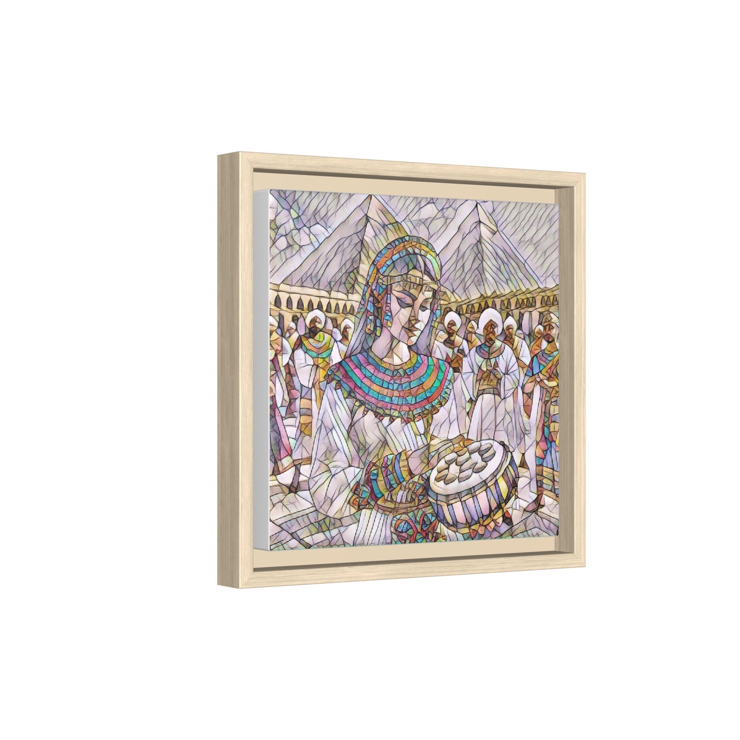 Egyptian Drum Player Framed Canvas Art — Colorful Ancient Scene Wall Decor