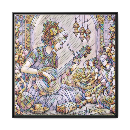 Framed Matte Canvas: Bohemian Woman Playing Lute — Stained-Glass Style Wall Art