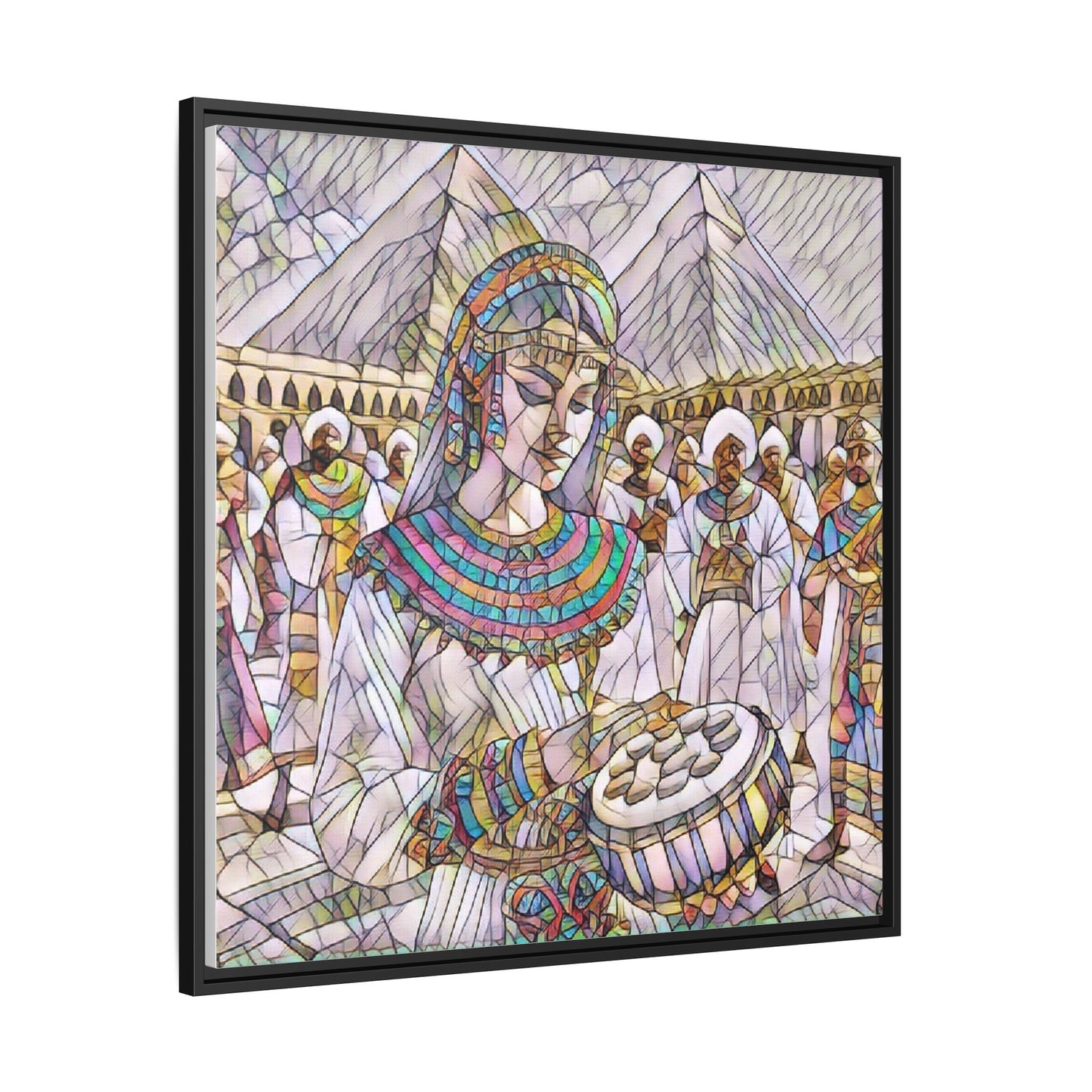 Egyptian Drum Player Framed Canvas Art — Colorful Ancient Scene Wall Decor