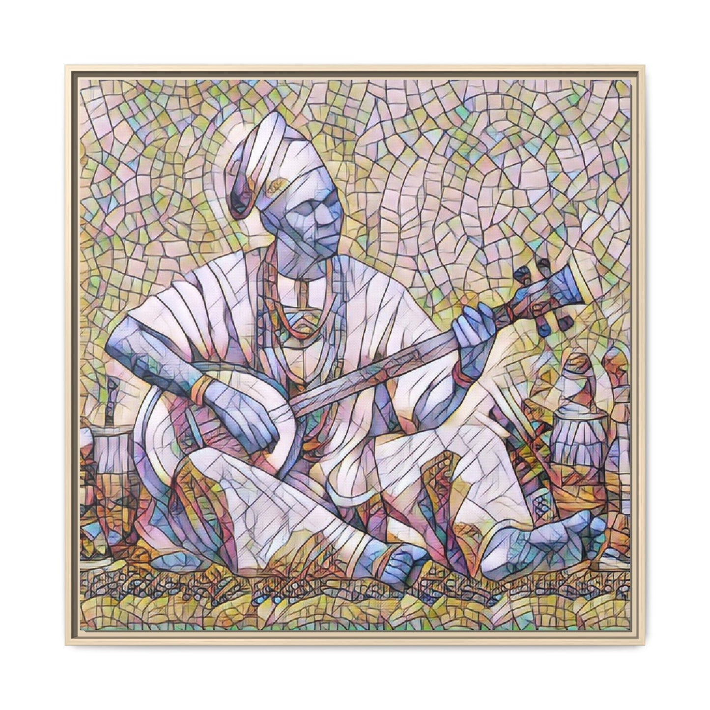 Framed Mosaic Musician Canvas Art — African Griot with Kora