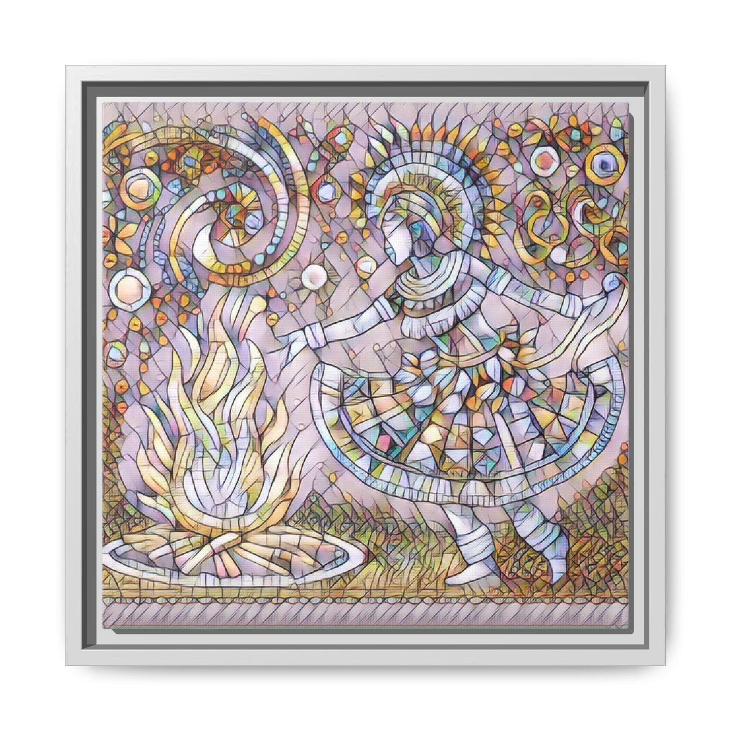 Bohemian Fire Dancer Framed Canvas Art — Colorful Folk Mosaic Wall Decor