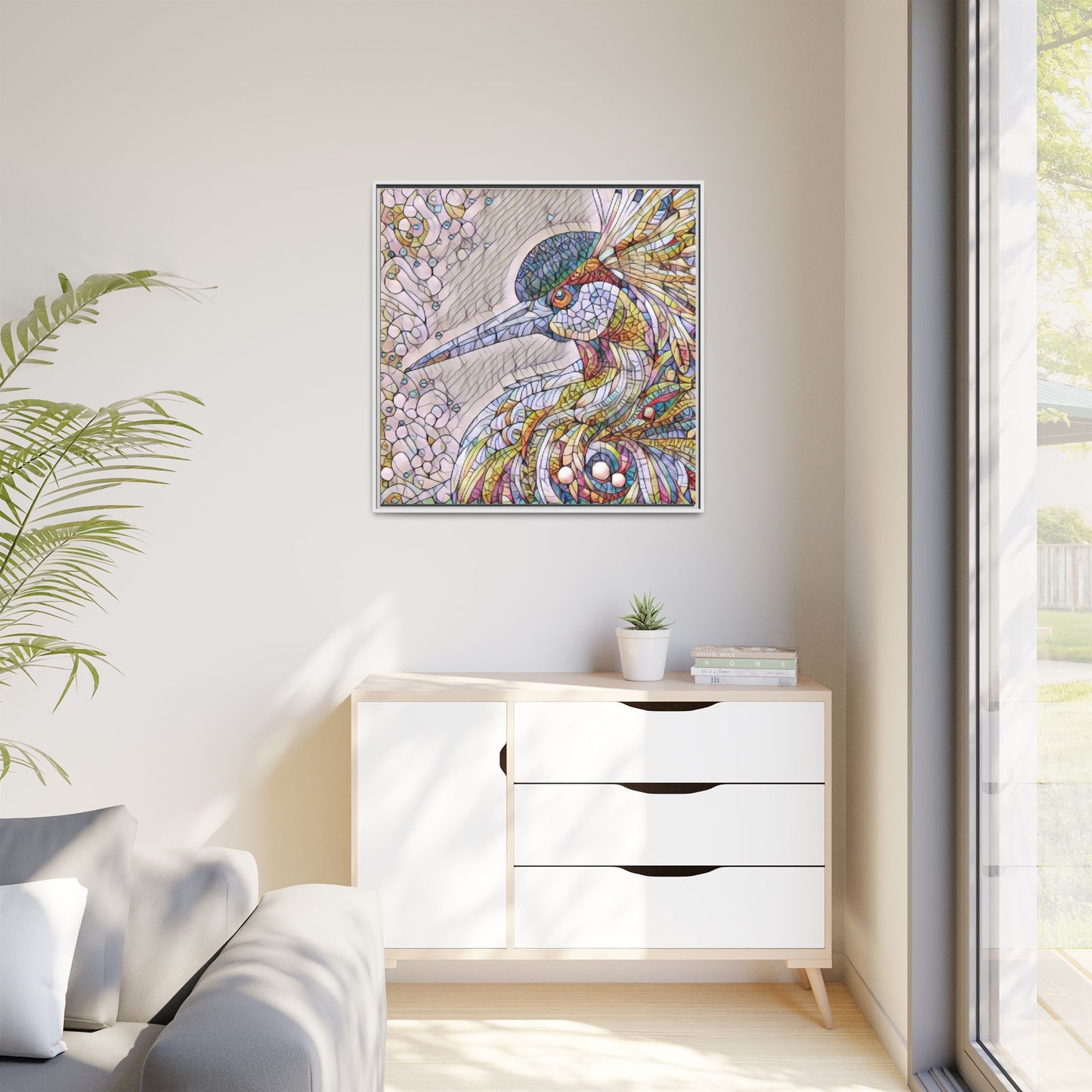 Colorful Stained-Glass Heron Matte Canvas Framed Wall Art