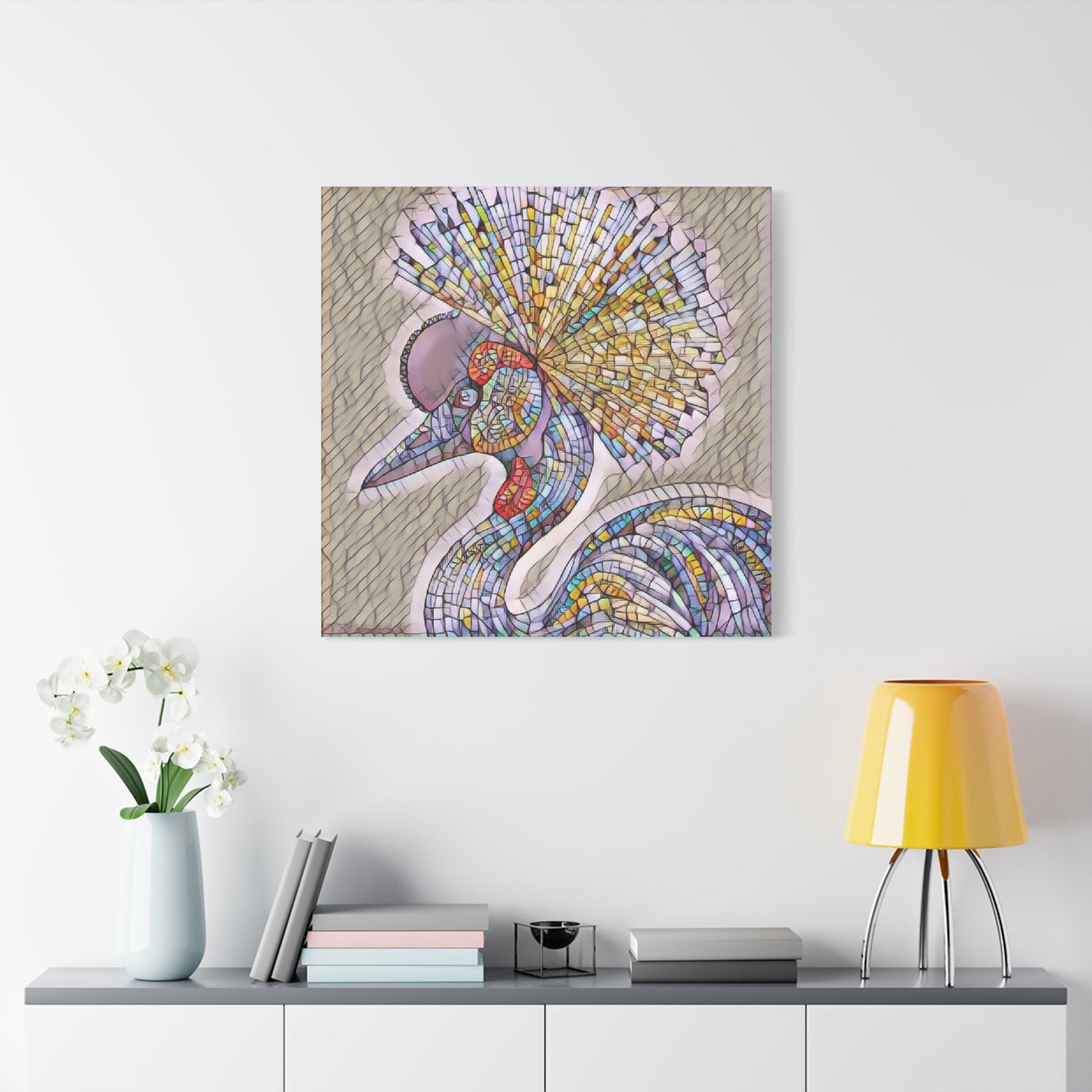 Colorful Mosaic Crowned Crane Canvas Wall Art — Stretched Matte Print