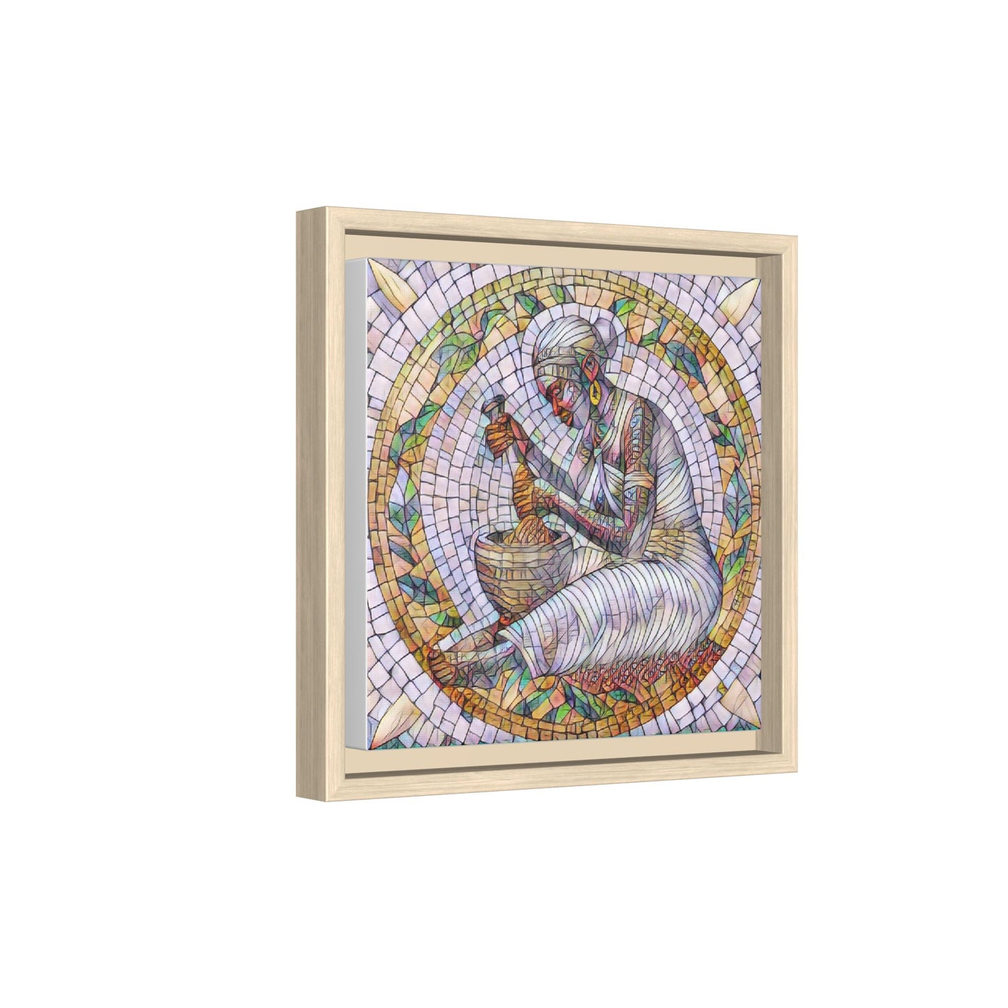 Framed Mosaic Art Print — Woman Grinding Grain (Matte Canvas)