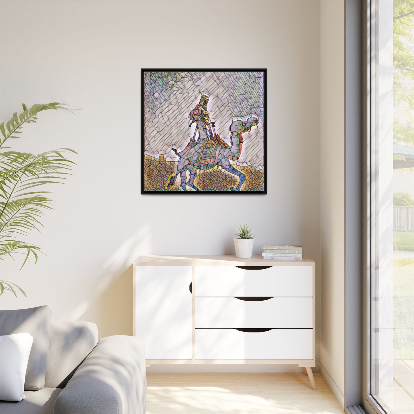 Framed Camel Rider Matte Canvas Art — Colorful Mosaic Desert Wall Decor