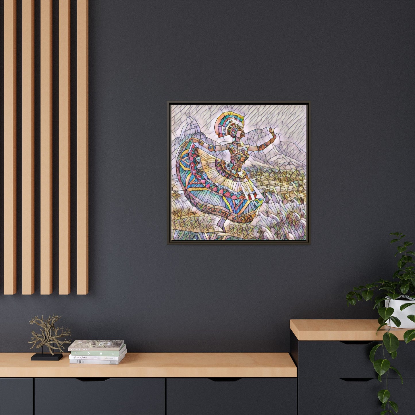 Ballerina Mosaic Framed Canvas Print — Colorful Ethnic Dance Wall Art