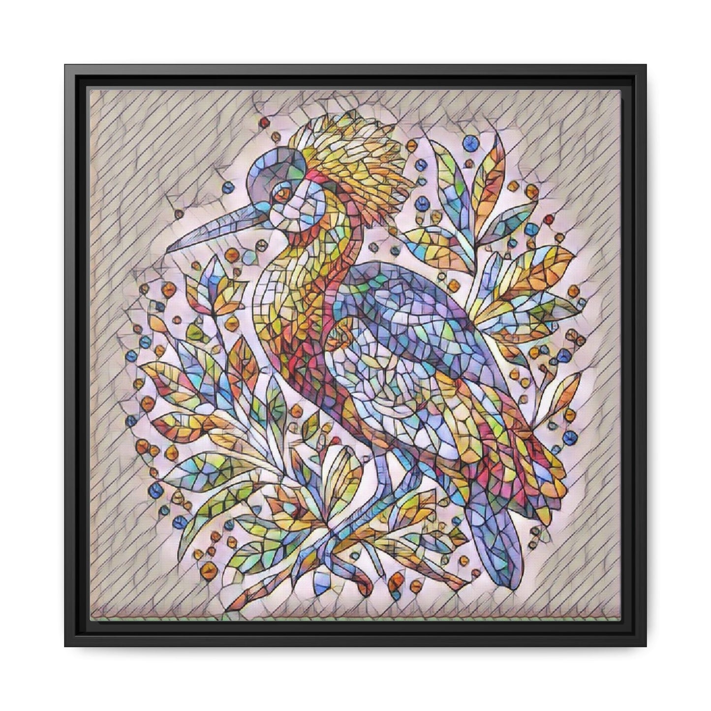 Colorful Stained-Glass Heron — Framed Matte Canvas Wall Art