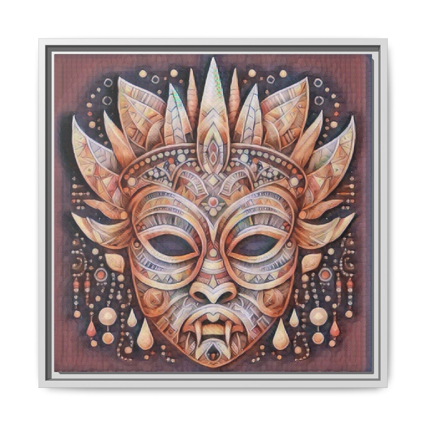 Tribal Sun Mask Framed Canvas Art — Boho Ethnic Wall Decor