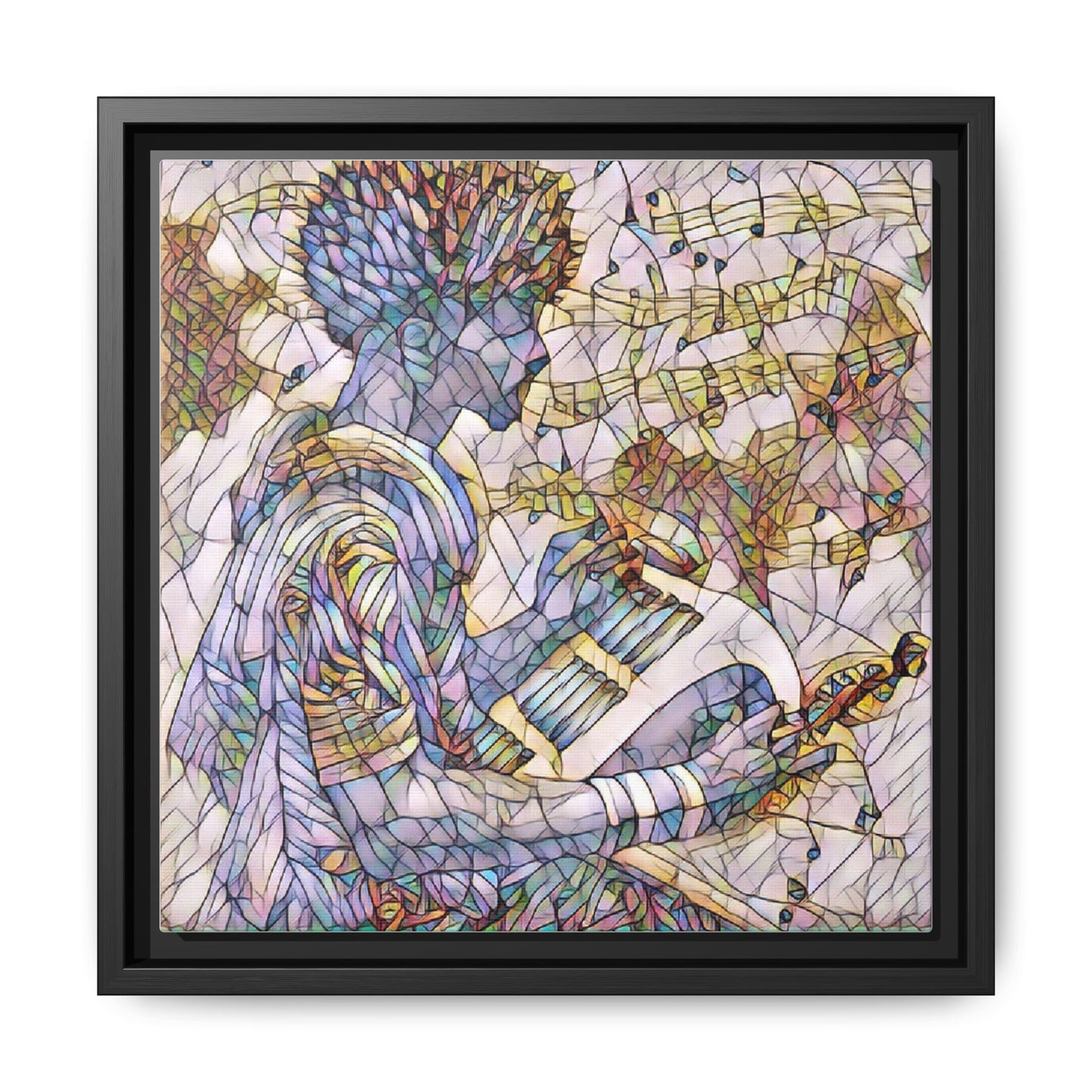 Abstract Jazz Musician Framed Canvas Art — Colorful Stained-Glass Style Wall Decor