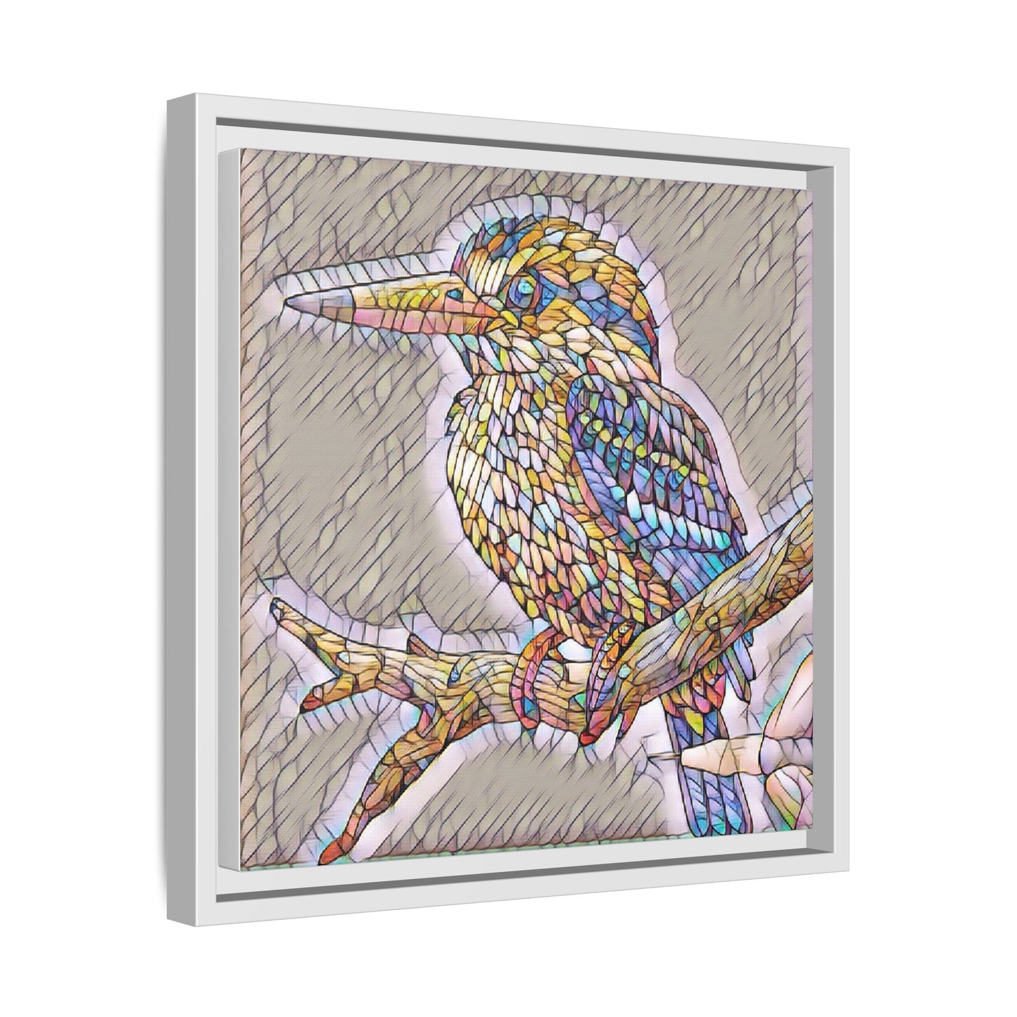 Colorful Kingfisher Framed Canvas Wall Art — Stained-Glass Style Bird Print