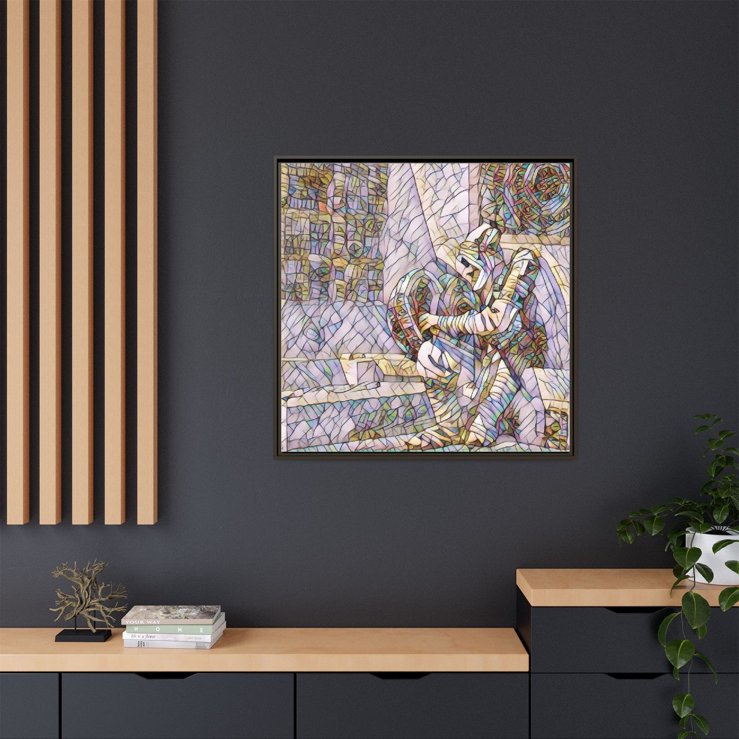Framed Matte Canvas Art — Colorful Stained-Glass Astronaut Embrace