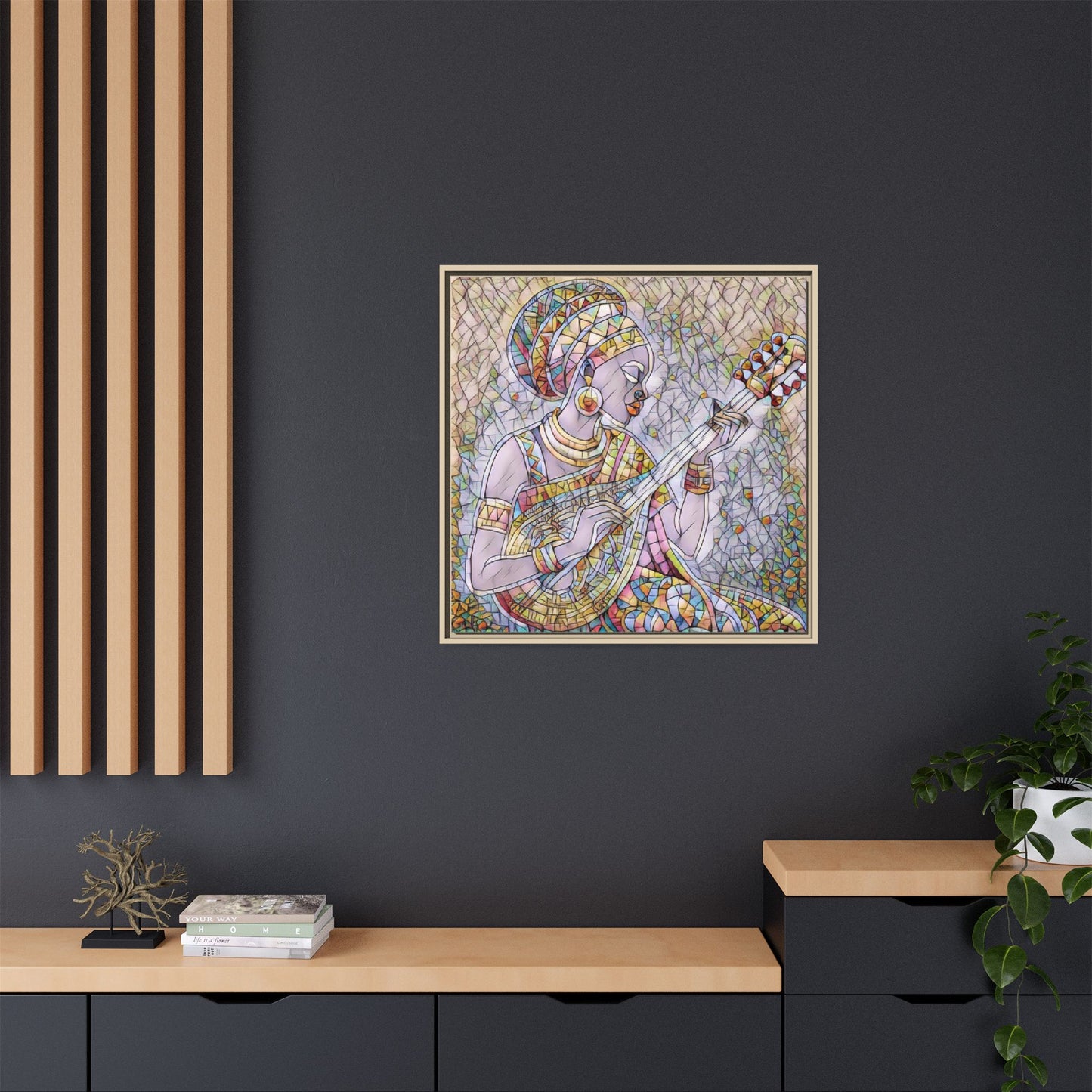 Framed Canvas Art — Colorful African Woman Playing Lute (Matte Multi‑Color)