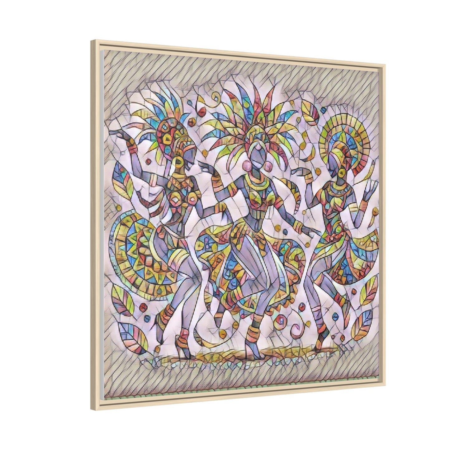 Colorful Carnival Dancers Framed Canvas Art — Multicolor Tribal Celebration Print