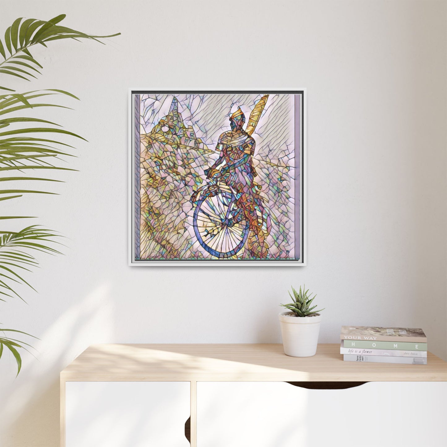 Cyclist Stained Glass Art Print — Framed Matte Canvas
