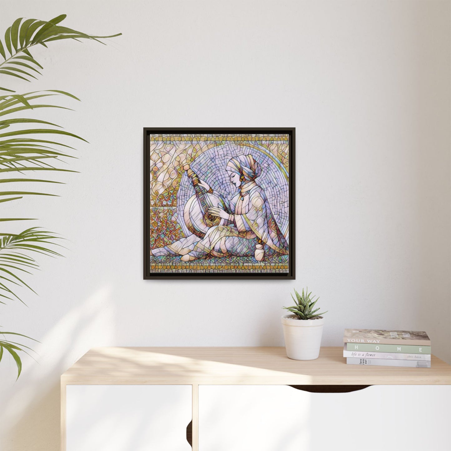 Framed Matte Canvas: Mosaic Lute Player Wall Art — Bohemian Musical Portrait