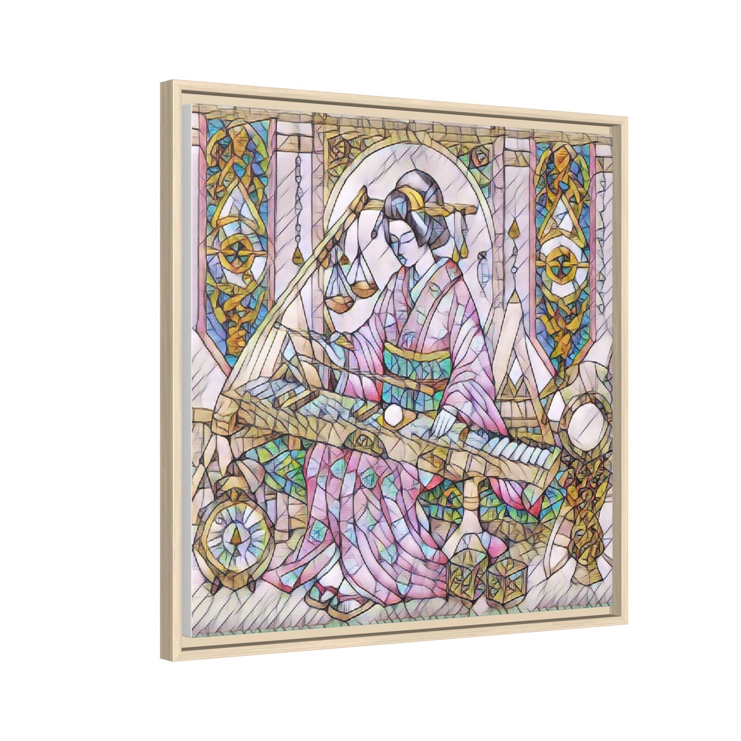 Framed Matte Canvas — Geisha Harp Stained-Glass Art Print