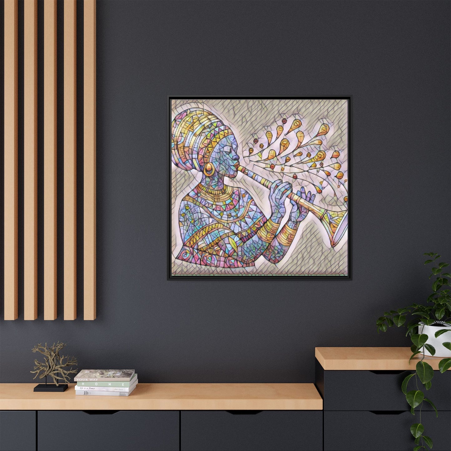 Framed Matte Canvas Art – Colorful African Musician Trumpet Print