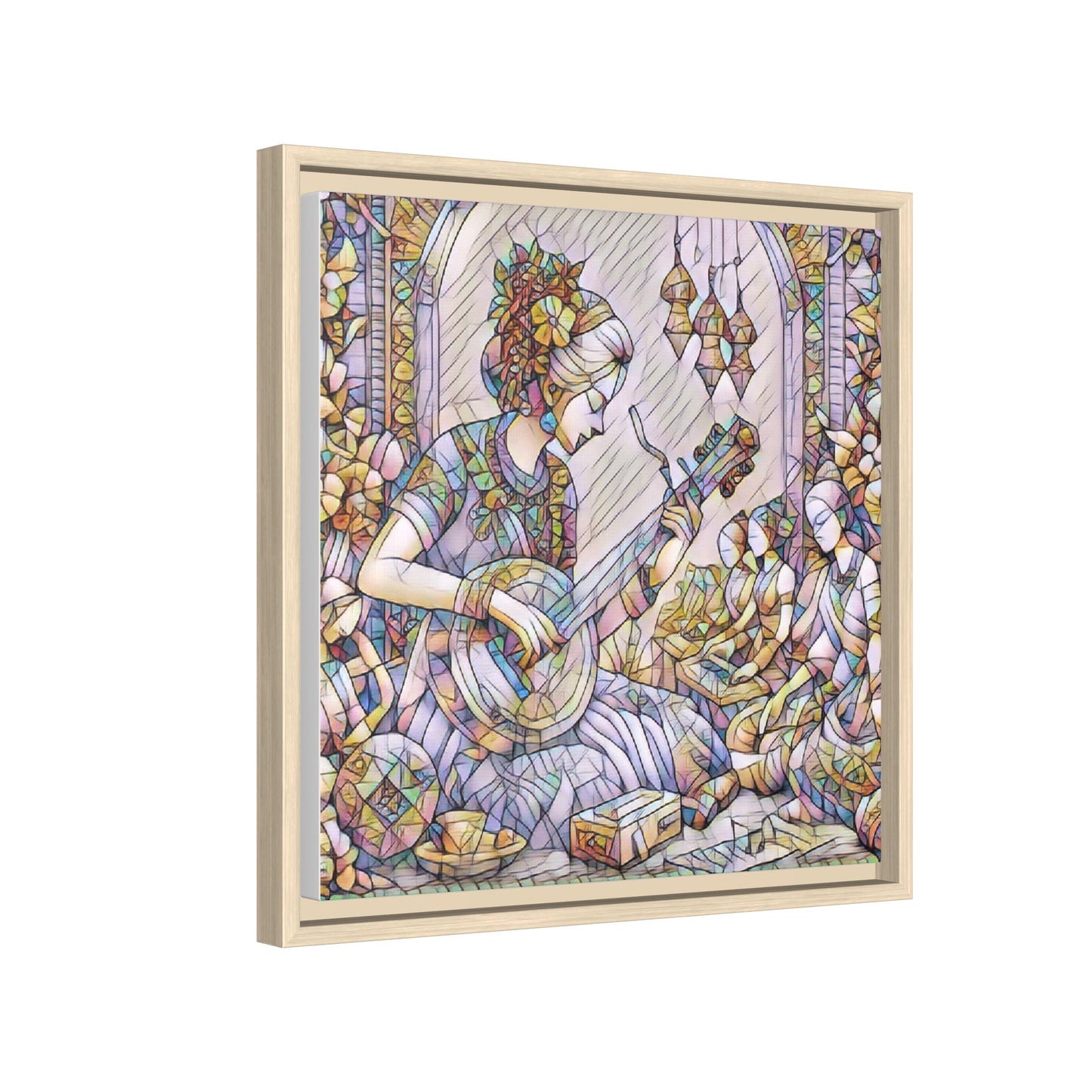 Framed Matte Canvas: Bohemian Woman Playing Lute — Stained-Glass Style Wall Art