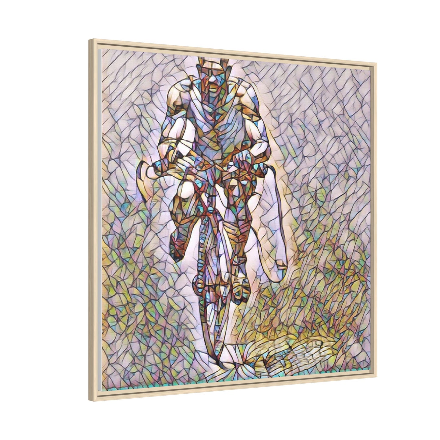 Cyclist Art Print — Framed Matte Canvas Wall Art (Multicolor Stained-Glass Style)